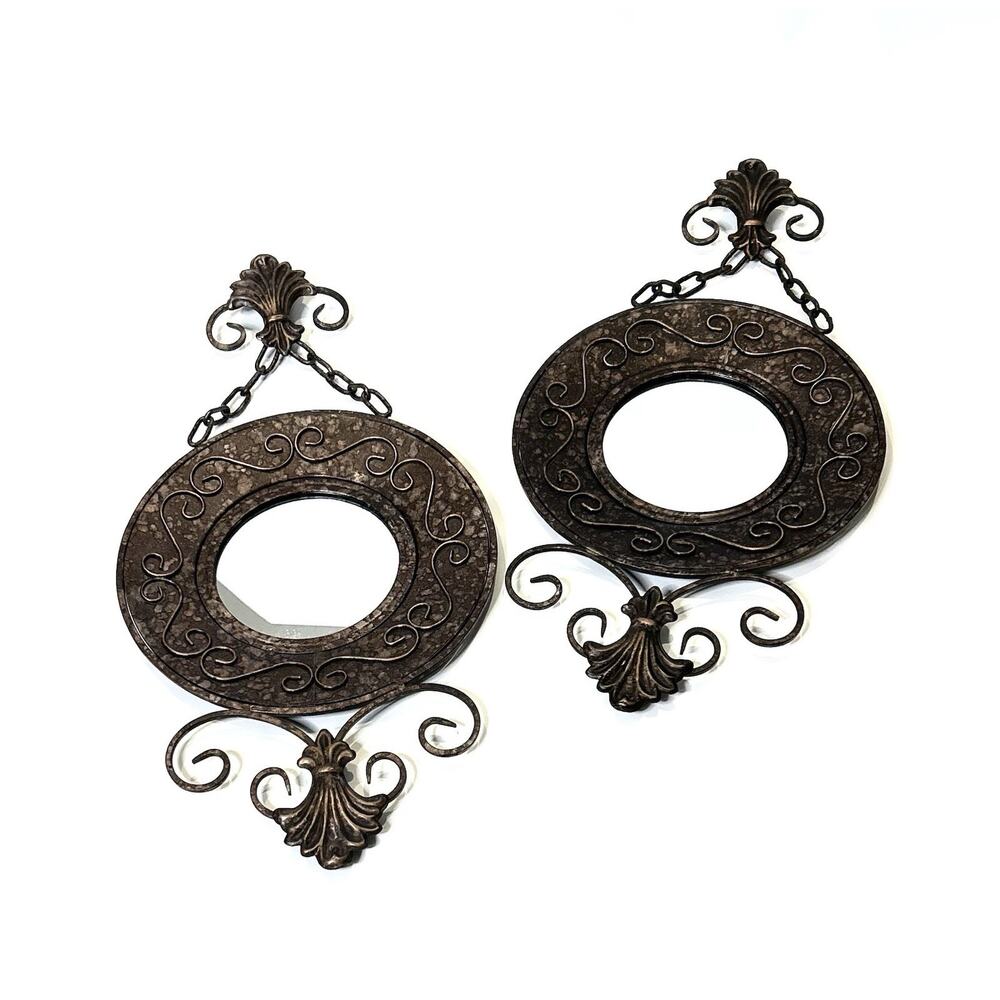 Metal Wall Mirror Round Brown Chain Dropping Home Decor MCM Set of 2